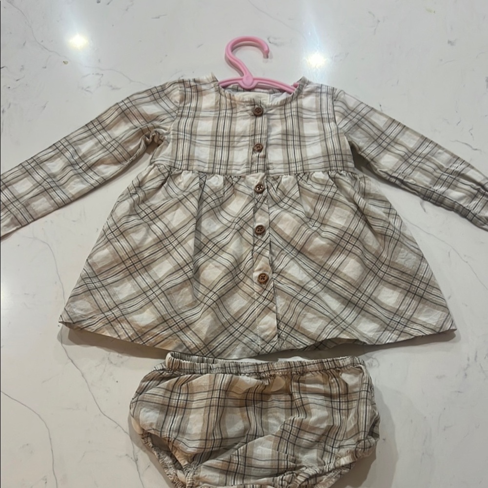Vignette Beige Plaid Baby Dress with Bloomers